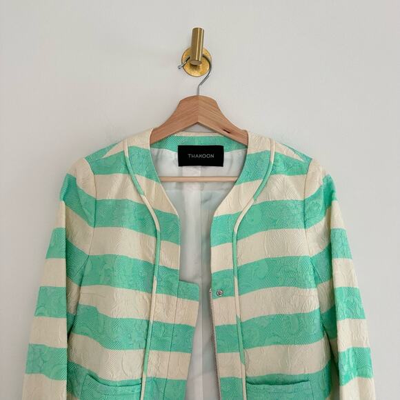 Thakoon Striped Pattern Zip Up Lined Blazer Jacket Green 2 - Picture 4 of 11